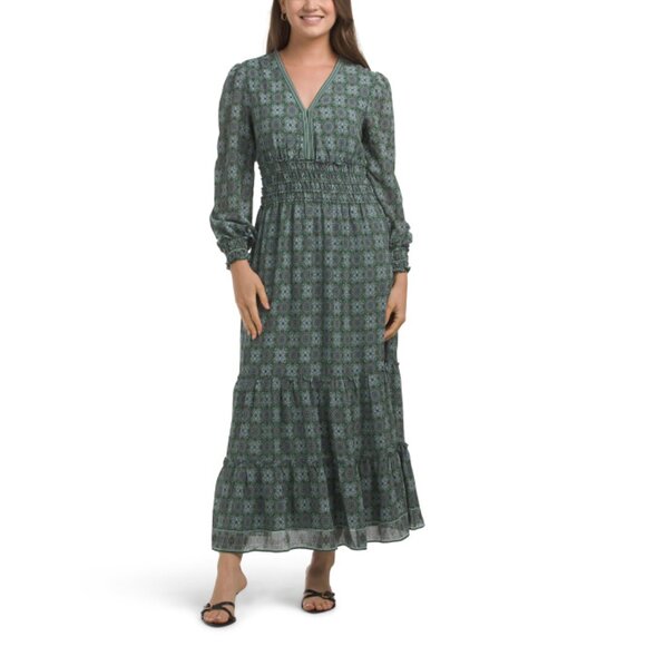NEW MAX STUDIO LONDON DARK GREEN Long Sleeve V-neck Maxi Dress - Picture 2 of 2